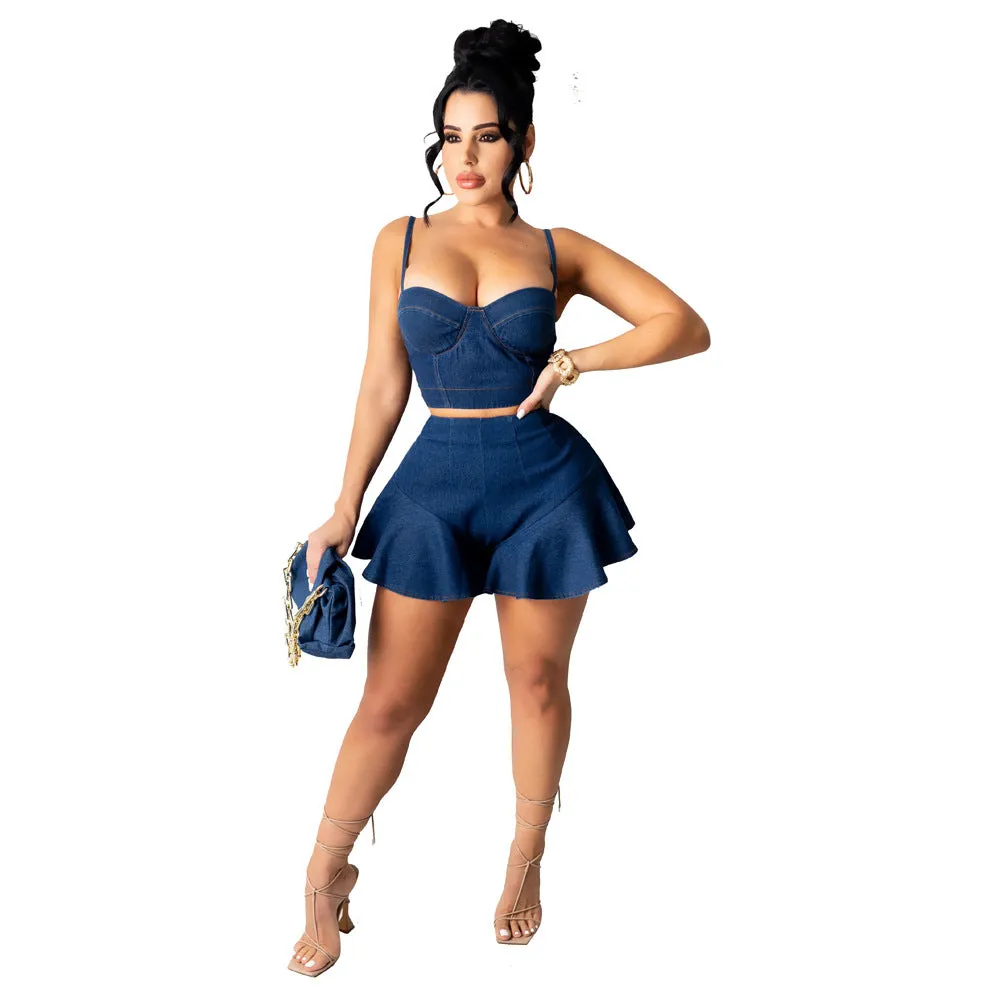 10.  Ladies Trending Clothing Denim Short Skirt And Bodycon Wrap Corset 2 Piece Denim Two Piece Set Women Pleated Skirt Set