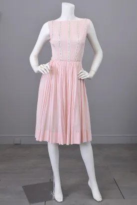 1950s 60s Pale Pink Ribbon Trim Summer Dress | XXS