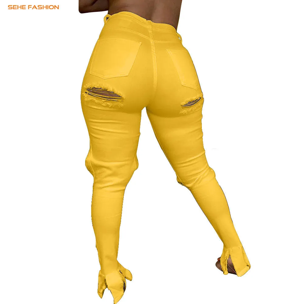 21105-Mx68 Denim Ripped Designs High Waist Plus Size Women Jeans Sehe Fashion