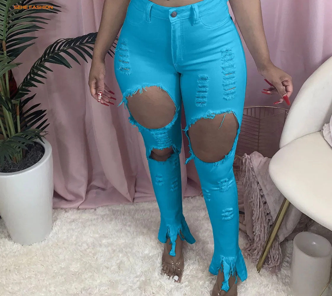 21105-Mx68 Denim Ripped Designs High Waist Plus Size Women Jeans Sehe Fashion