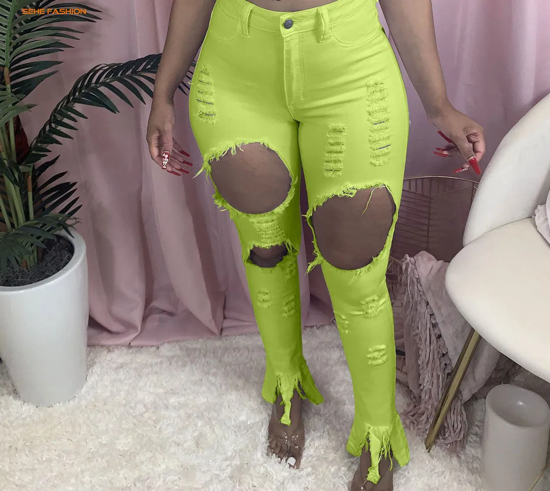 21105-Mx68 Denim Ripped Designs High Waist Plus Size Women Jeans Sehe Fashion