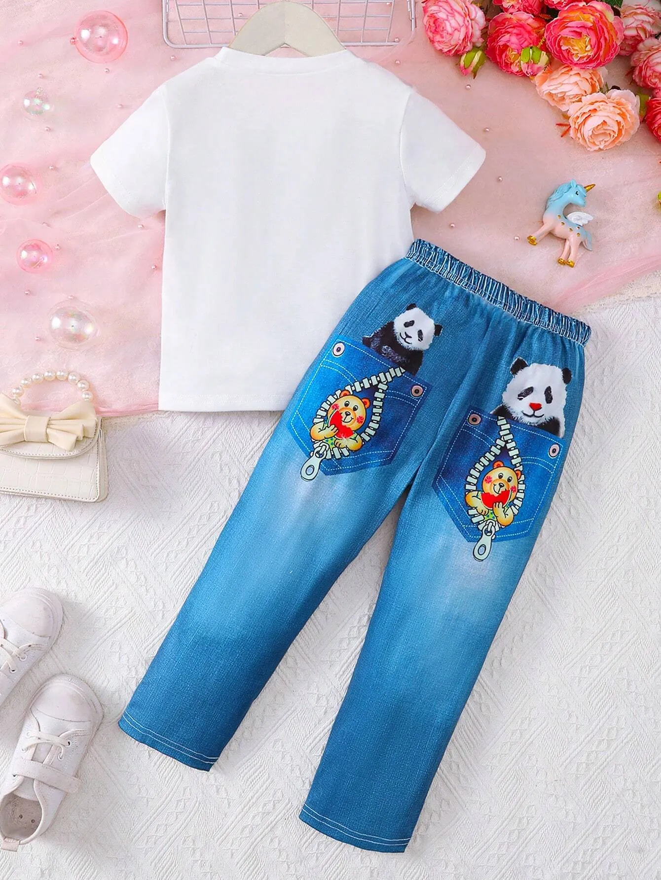2pcs Girls' Fashionable Casual 'Balloons & Unicorn Pattern' Printed Short Sleeve T-Shirt   Denim-Like Casual Pants Summer Outfit