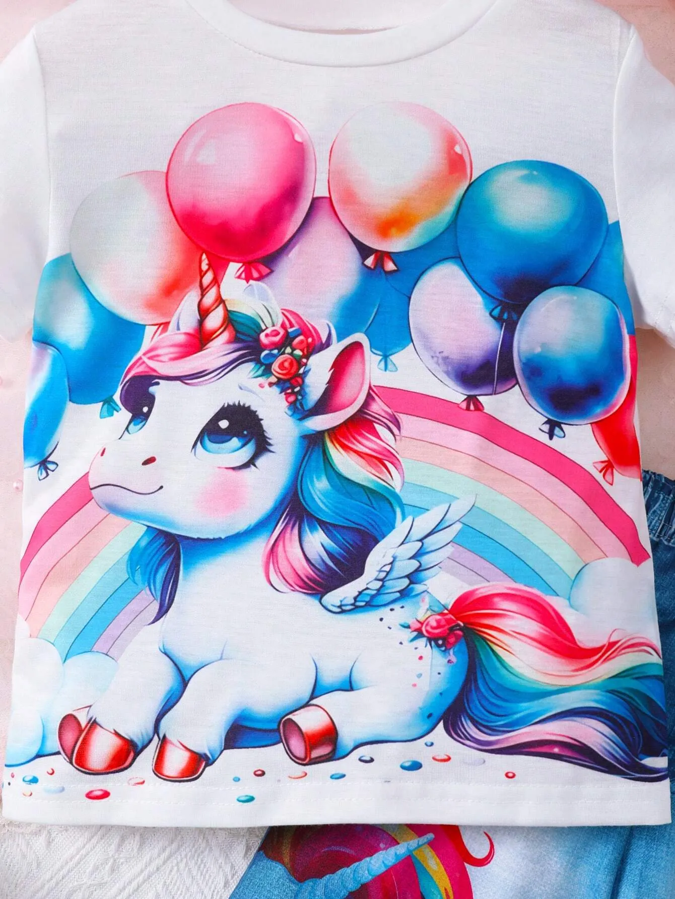 2pcs Girls' Fashionable Casual 'Balloons & Unicorn Pattern' Printed Short Sleeve T-Shirt   Denim-Like Casual Pants Summer Outfit
