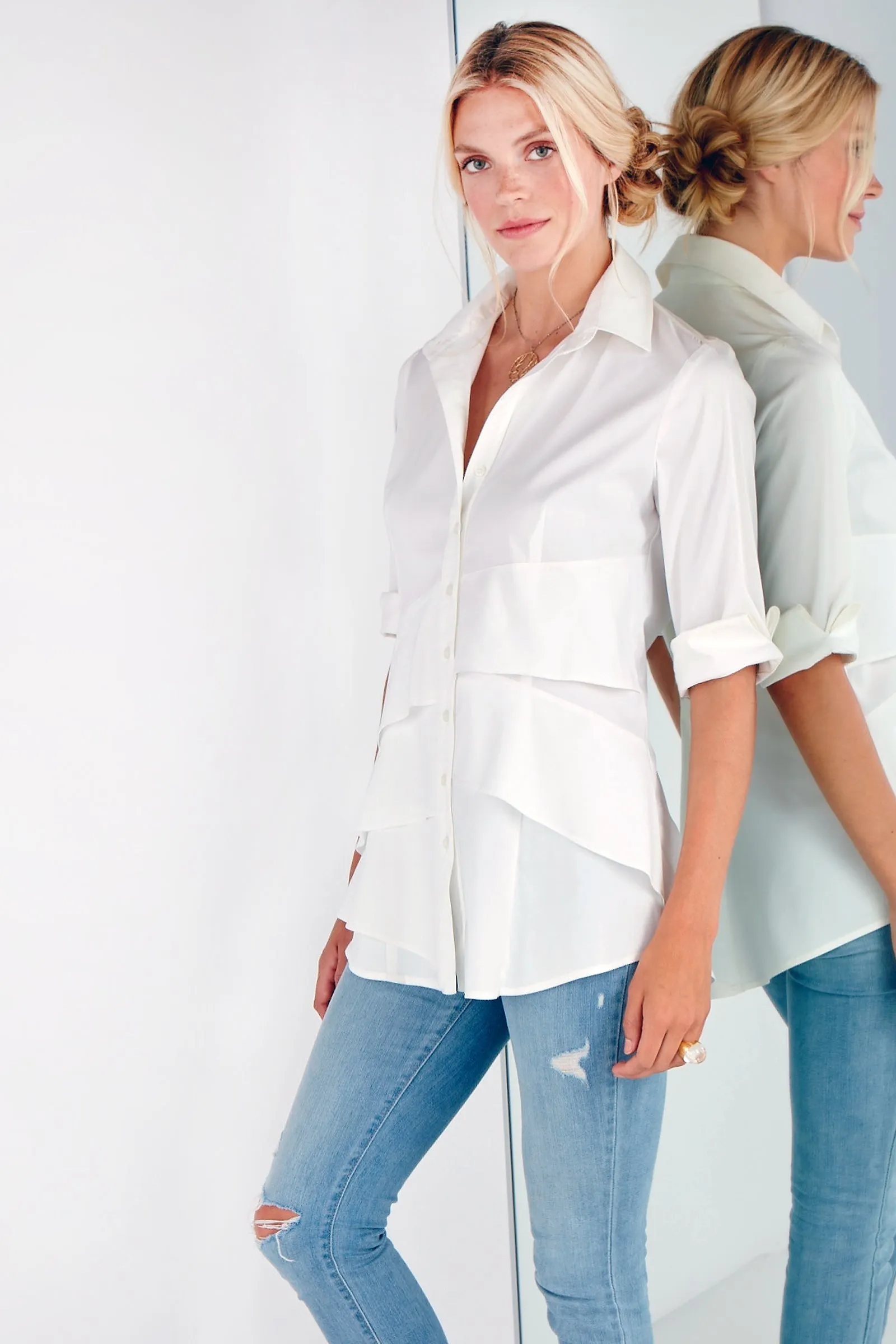 3/4 Sleeve Jenna White Poplin Shirt