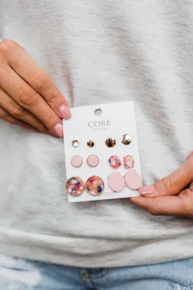6 Pair Earring Set-Pink, Gold, Blue