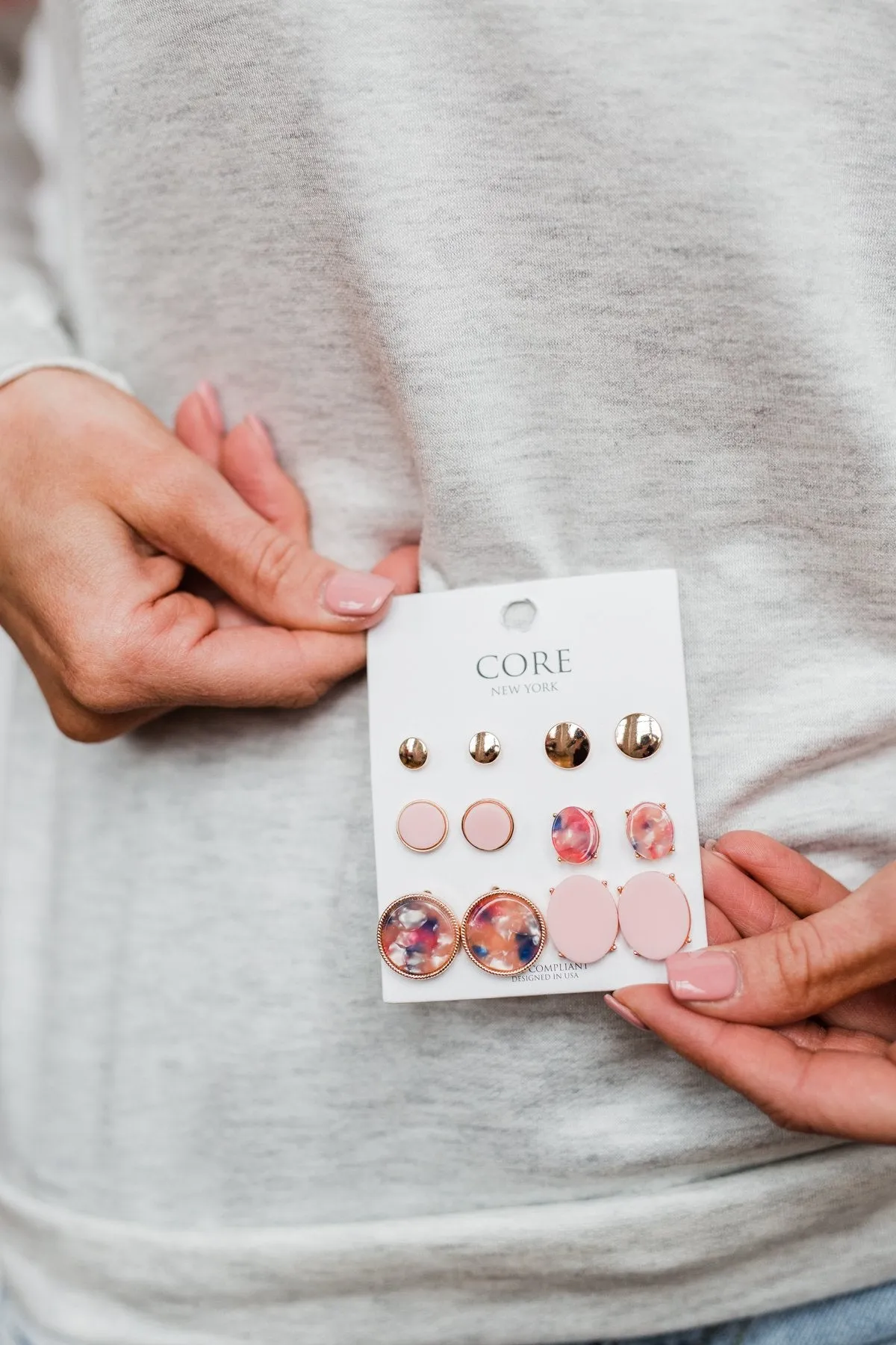 6 Pair Earring Set-Pink, Gold, Blue