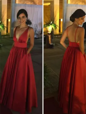 A-line Deep-V Floor-Length Satin Red Simple Prom Dresses HX0086
