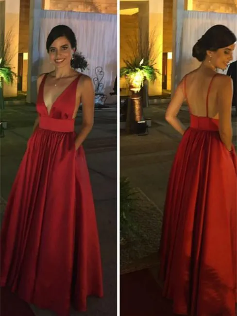 A-line Deep-V Floor-Length Satin Red Simple Prom Dresses HX0086