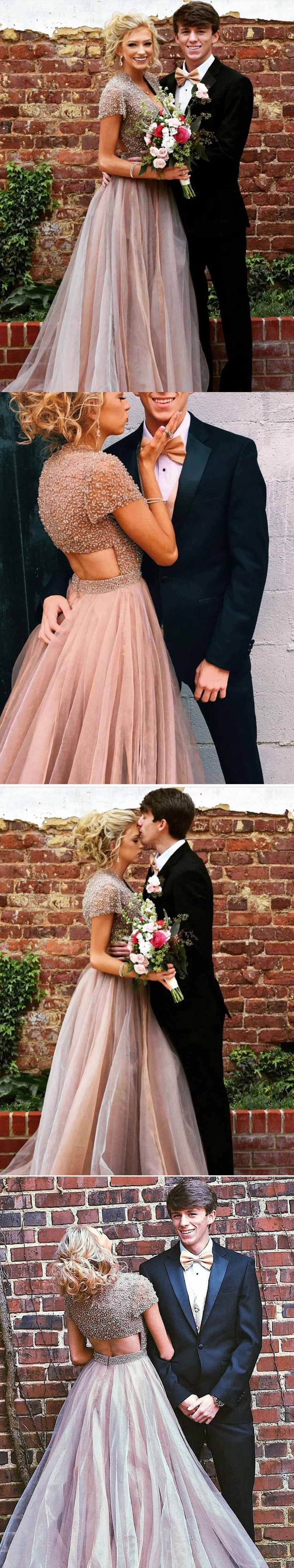 A-line V-neck Sweep Train Tulle Rhine Stone Beaded Prom Dress 3079