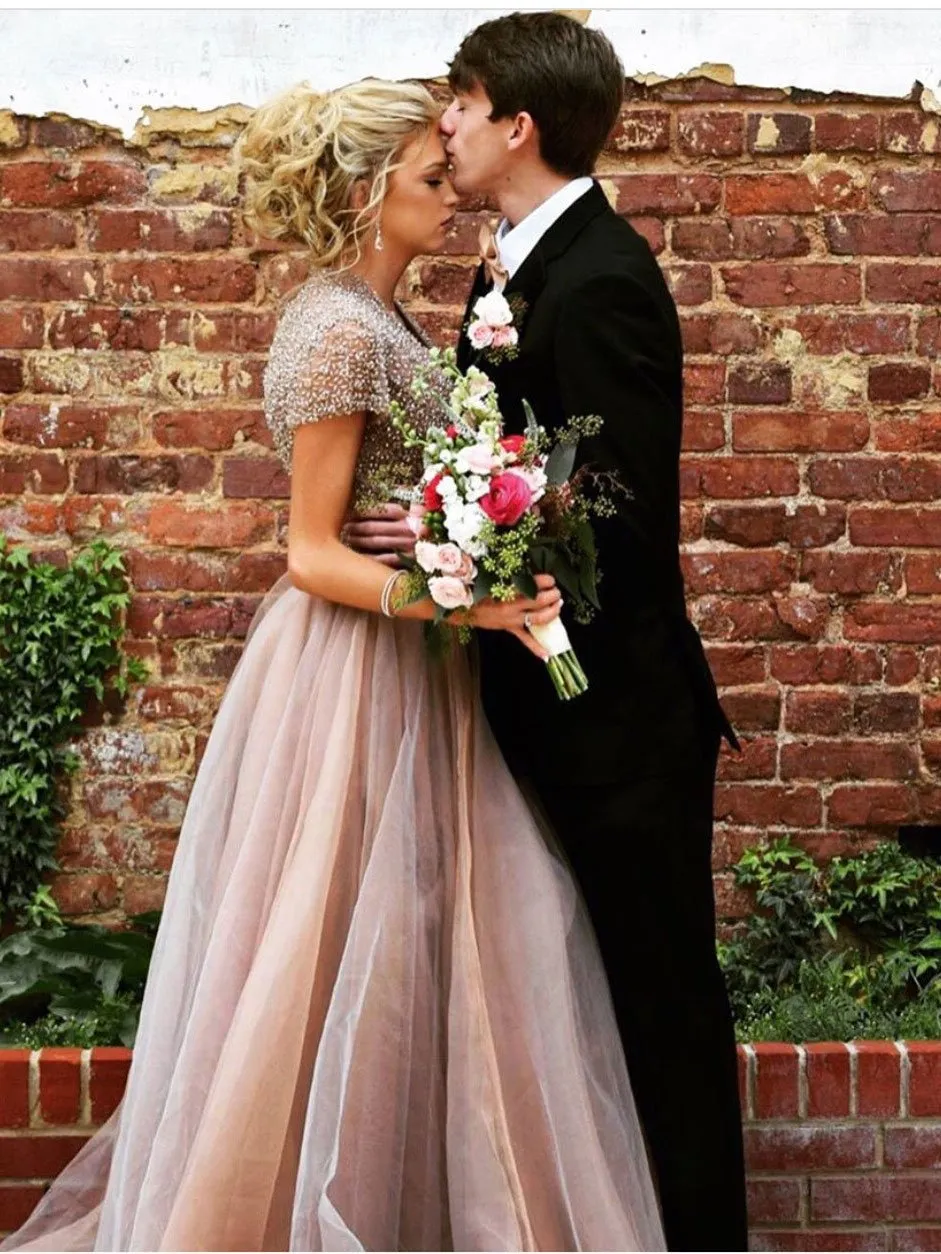 A-line V-neck Sweep Train Tulle Rhine Stone Beaded Prom Dress 3079