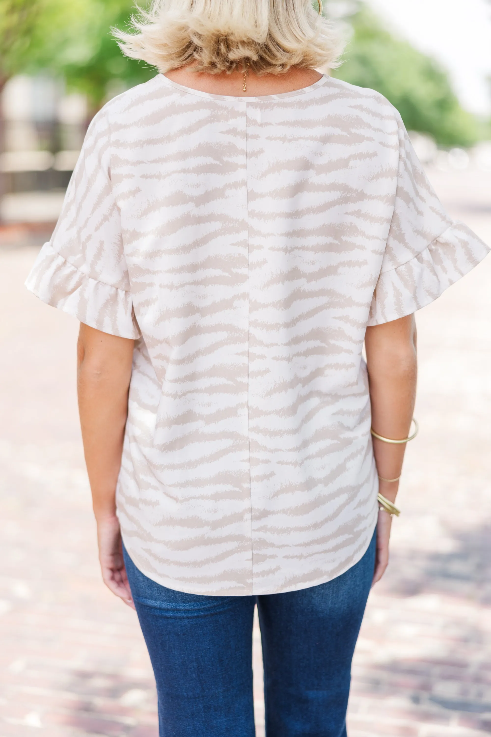 All I Ask Taupe Zebra Print Ruffled Top