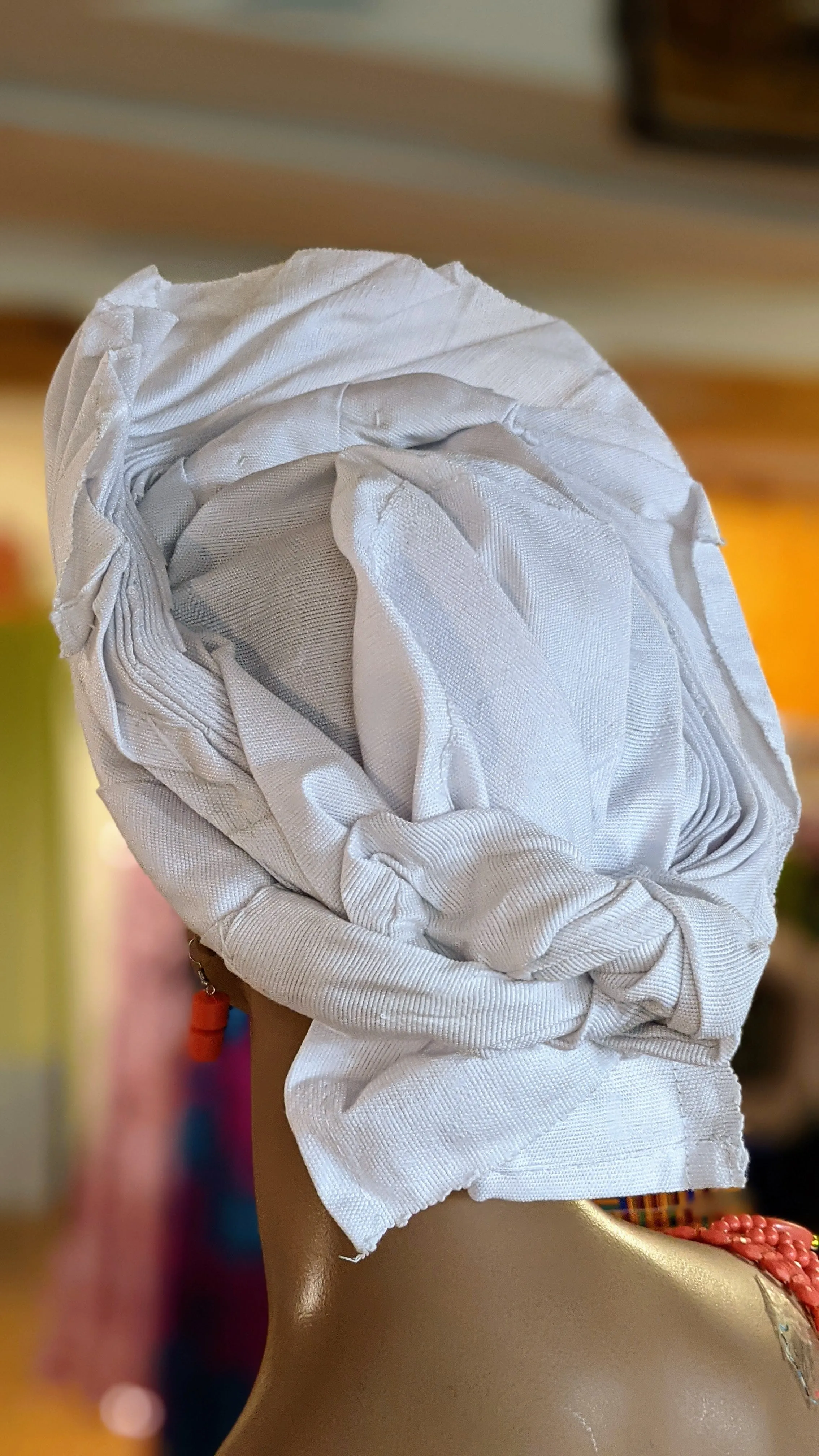 All White Funke Aso Oke Pre-tied Head wrap AutoGele Hat - DPAW3949A