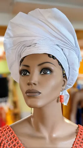 All White Funke Aso Oke Pre-tied Head wrap AutoGele Hat - DPAW3949A