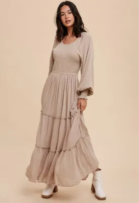 Almond Swiss Dot Smocked Maxi Dress