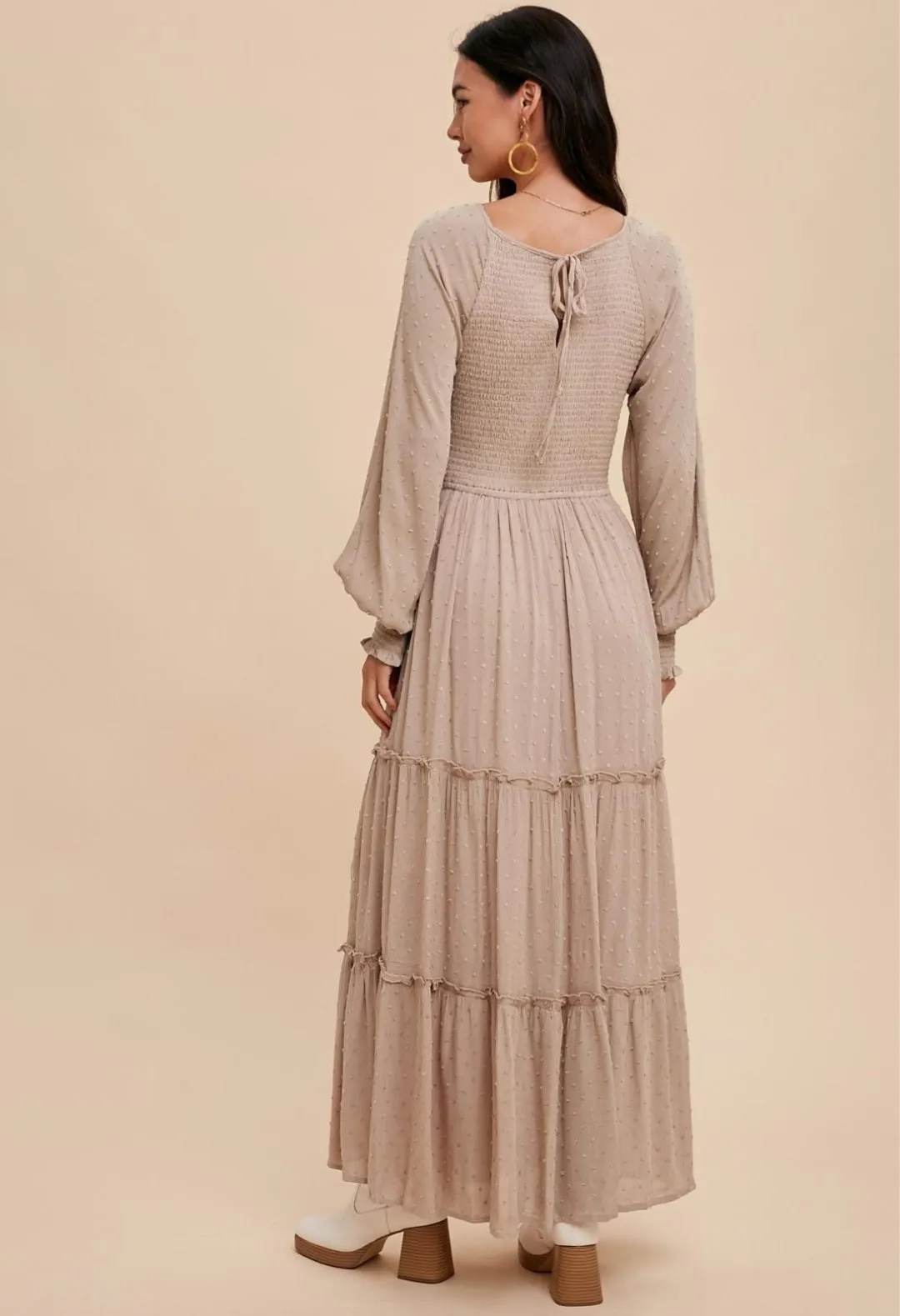 Almond Swiss Dot Smocked Maxi Dress