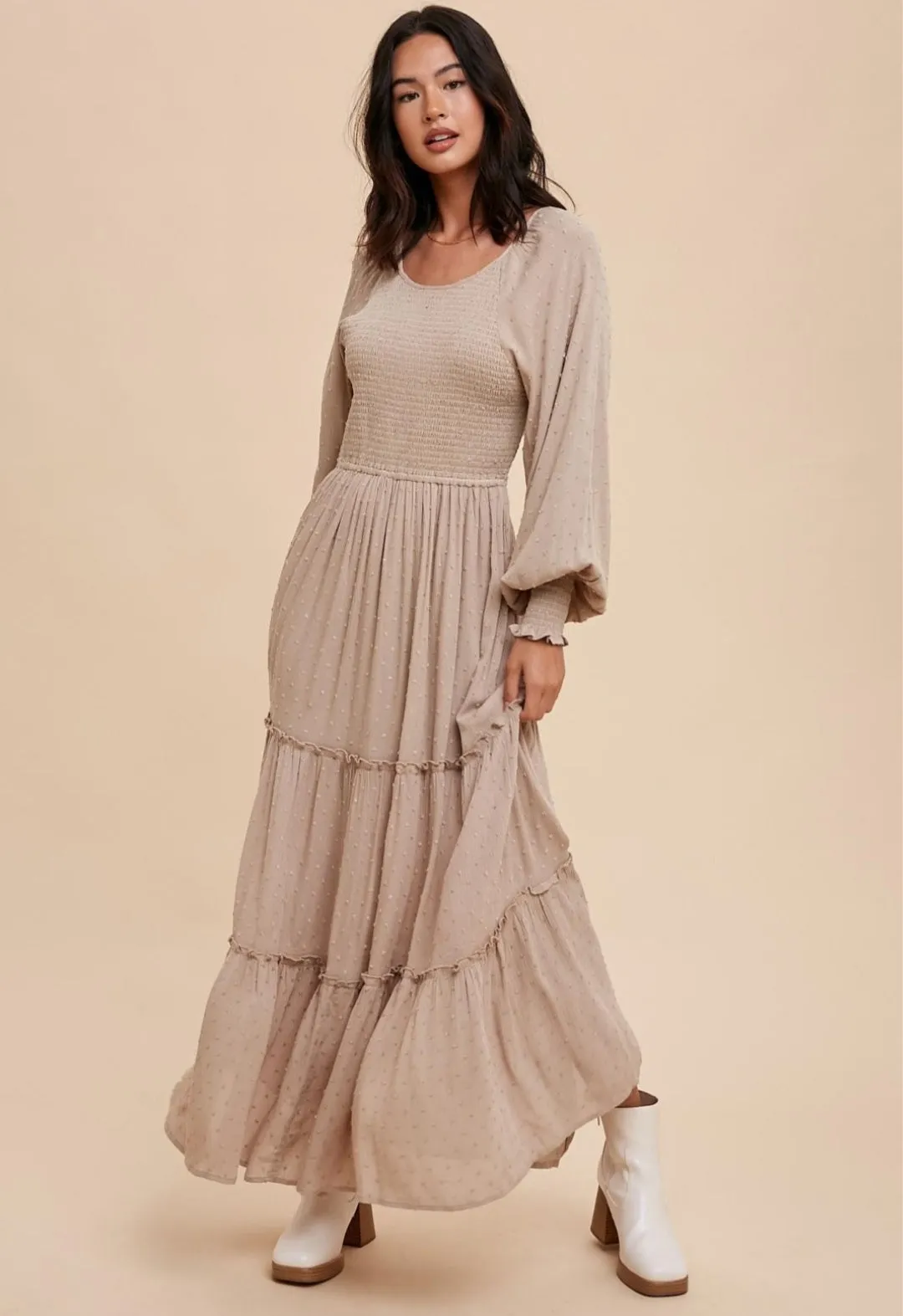Almond Swiss Dot Smocked Maxi Dress