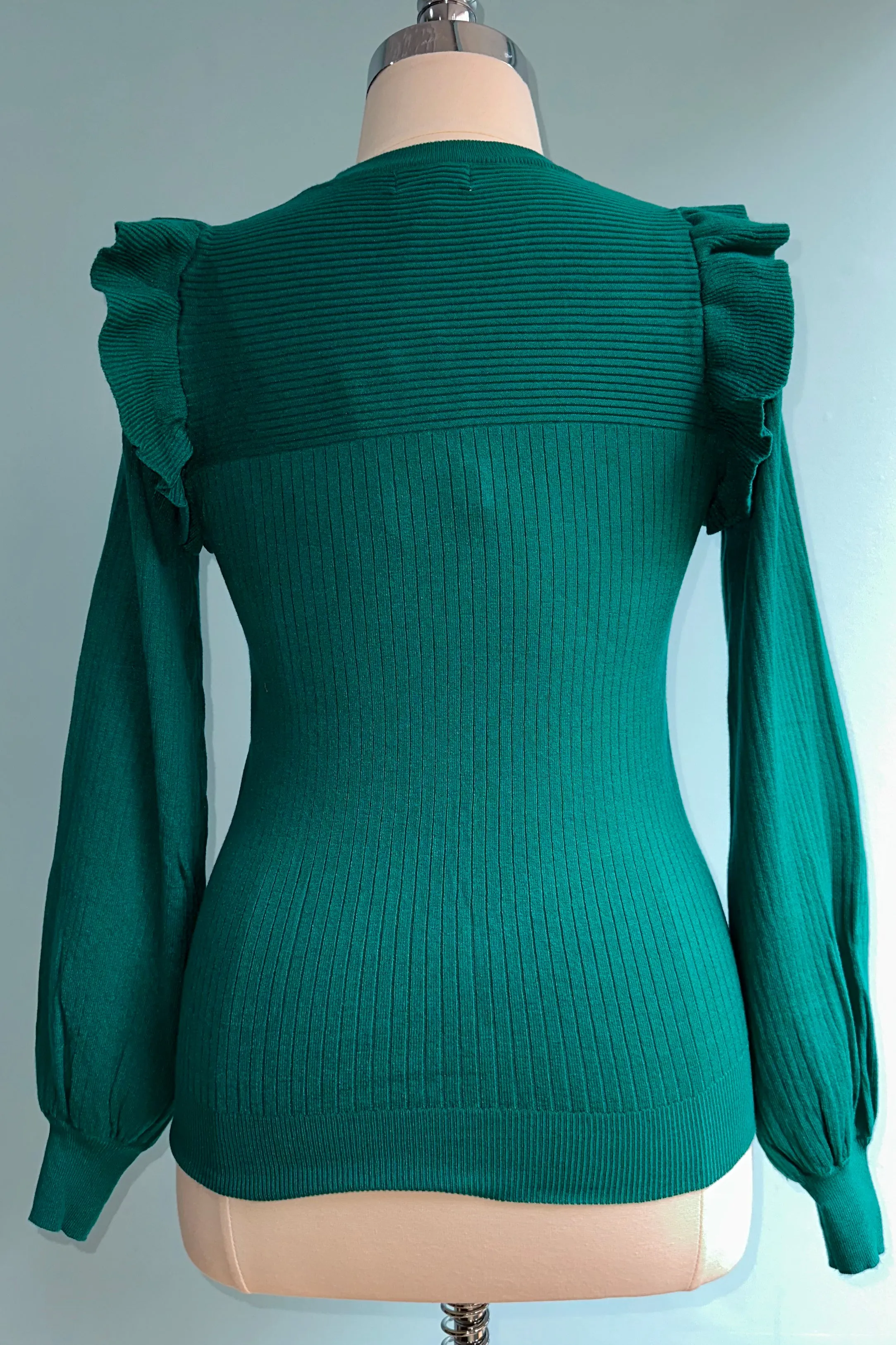 Alpine Green Shoulder Ruffle Crewneck Sweater