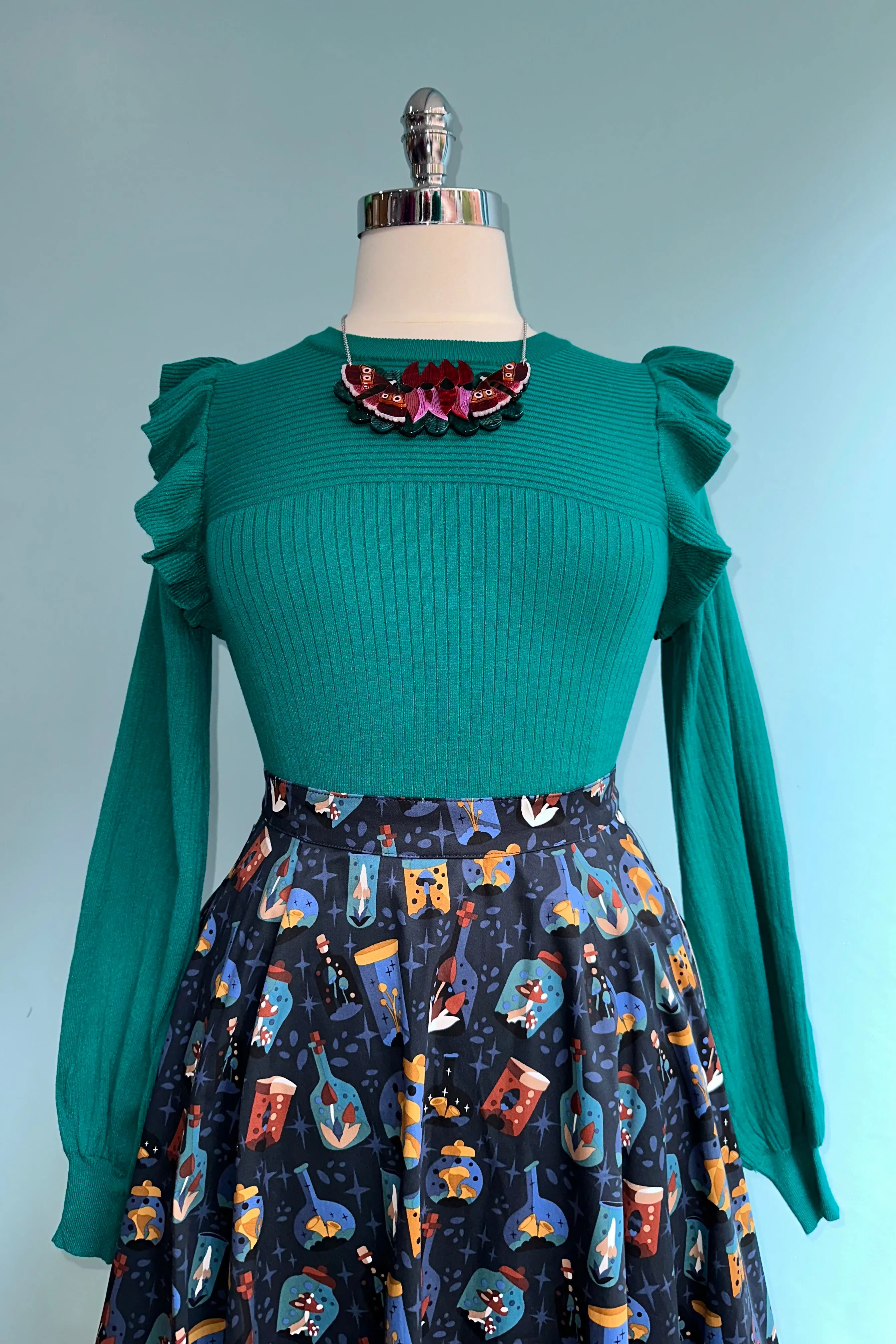 Alpine Green Shoulder Ruffle Crewneck Sweater