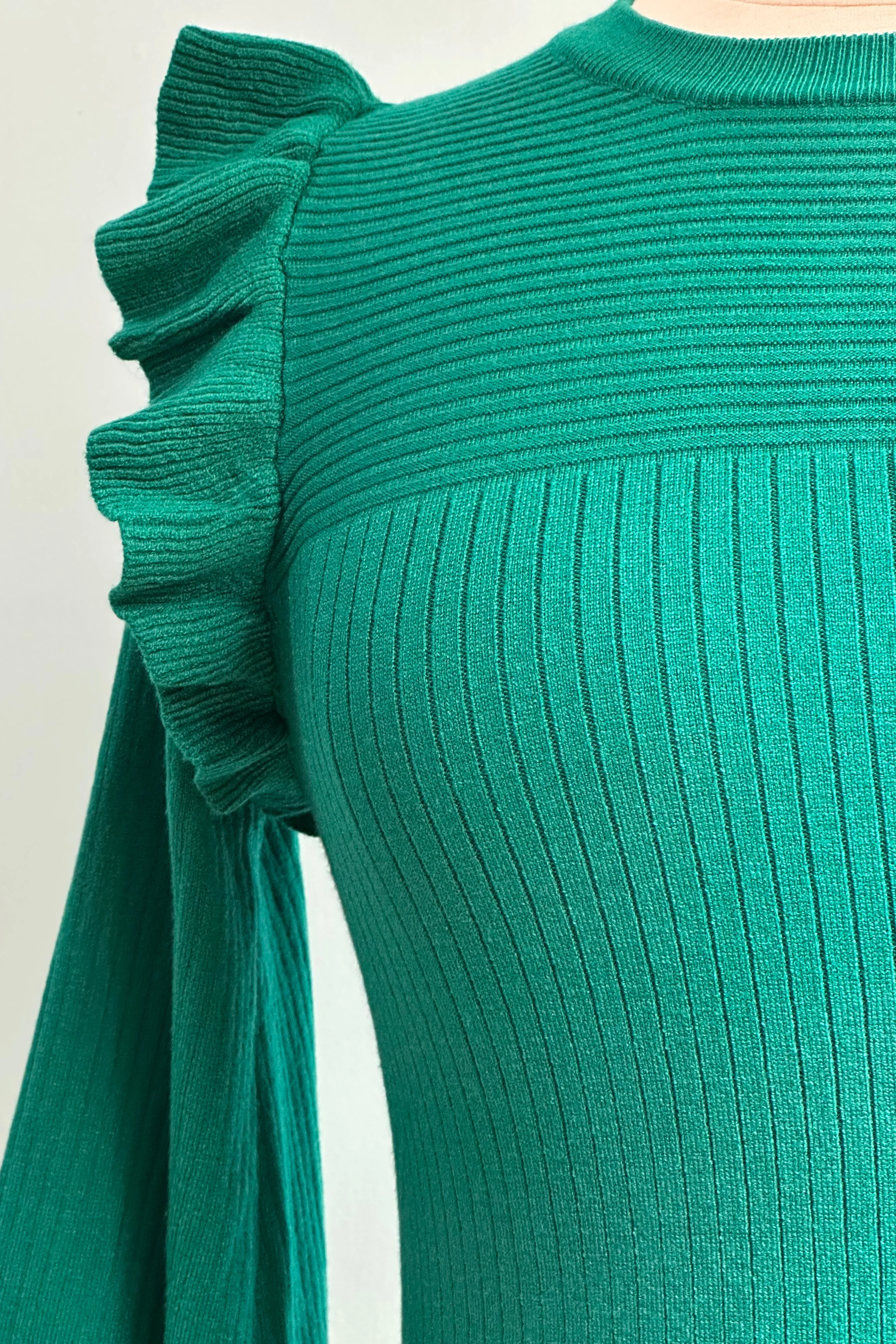 Alpine Green Shoulder Ruffle Crewneck Sweater