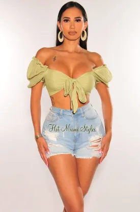 Apple Green Linen Puffed Sleeve Tie Up Smocked Crop Top