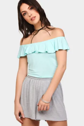 Aqua Frilly Off Shoulder Bardot Top