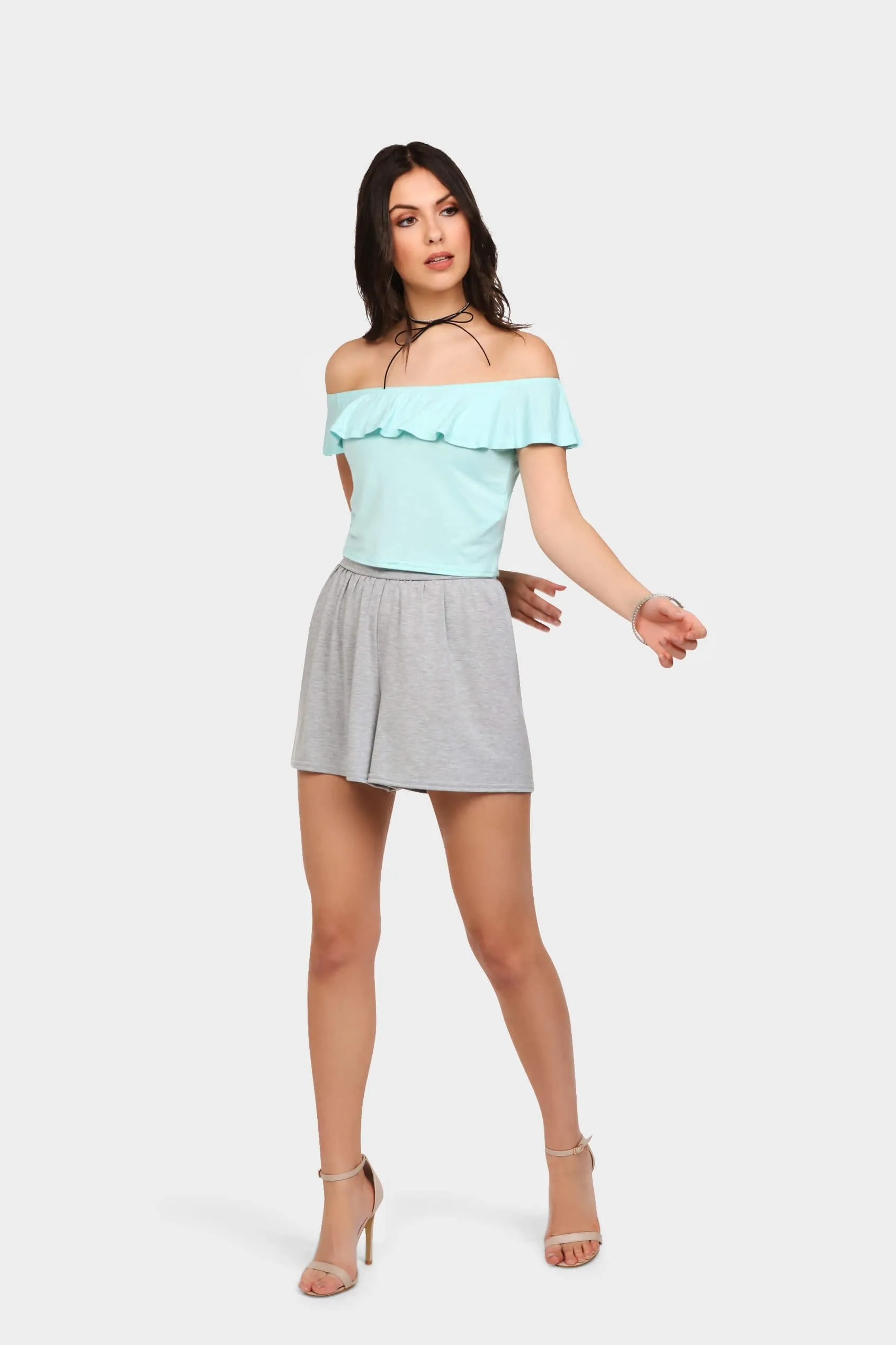 Aqua Frilly Off Shoulder Bardot Top