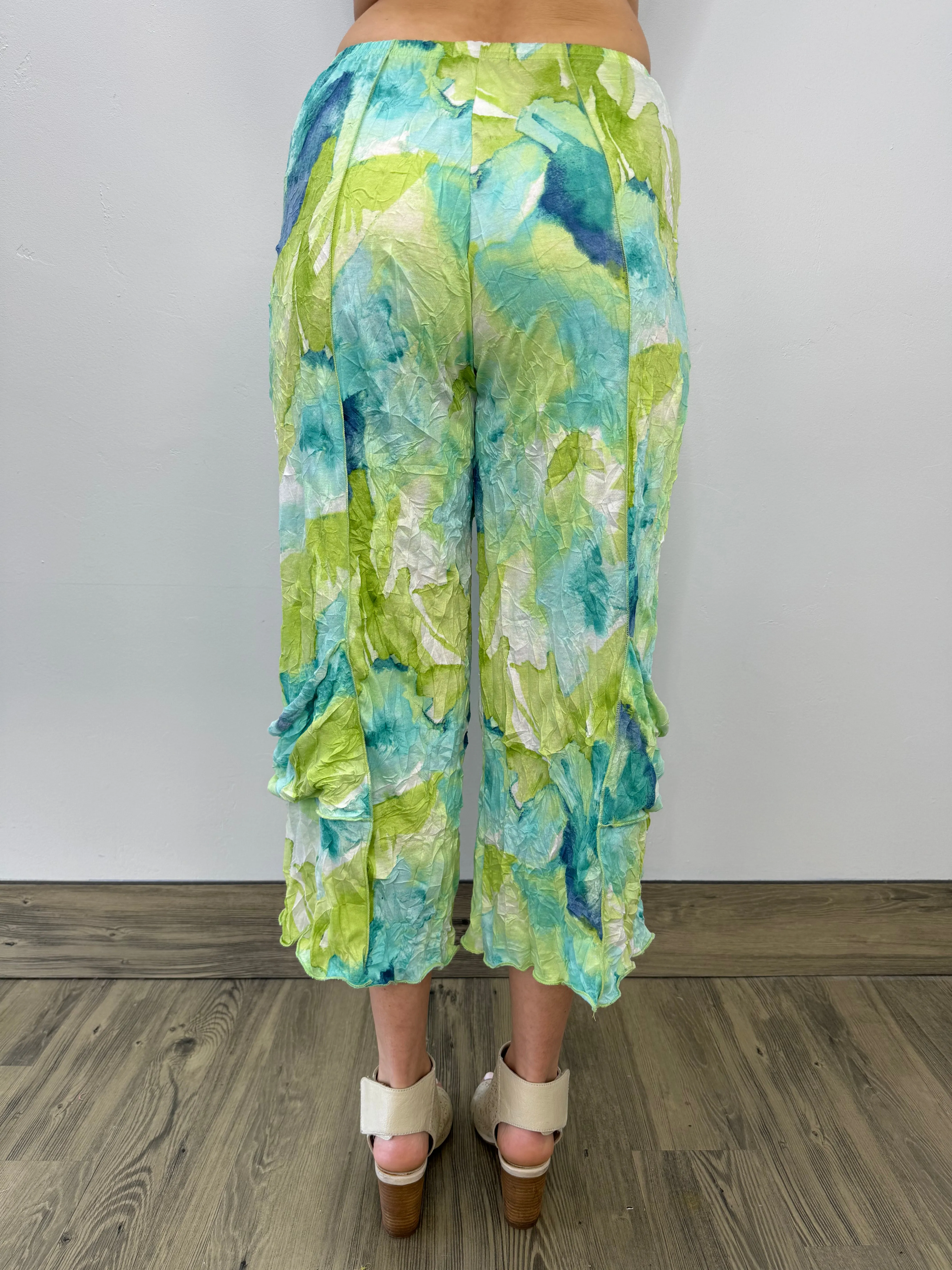 Aqua Watercolor Crinkle Crop Pant with Pockets
