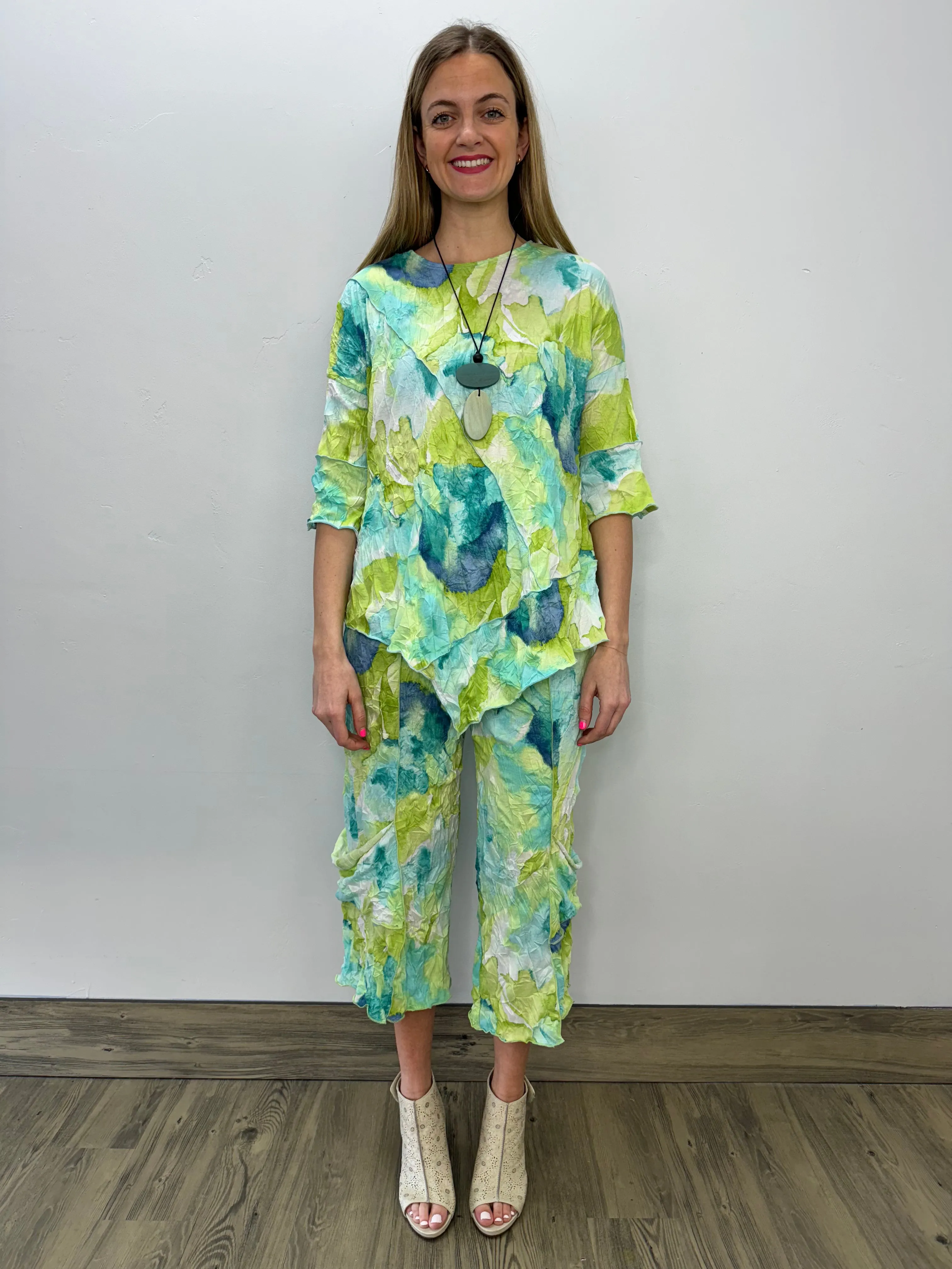 Aqua Watercolor Crinkle Crop Pant with Pockets