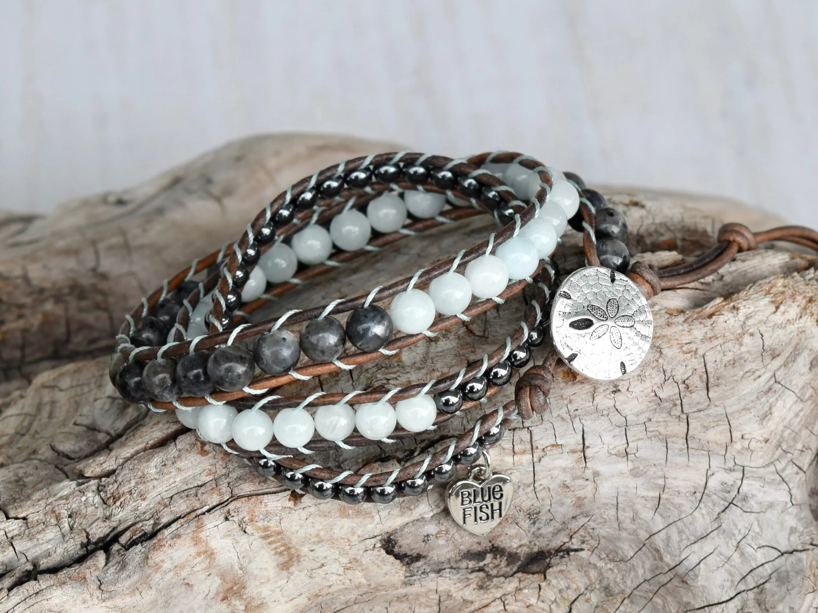 Aquamarine, Hematite, & Larvikite Wrap Bracelet