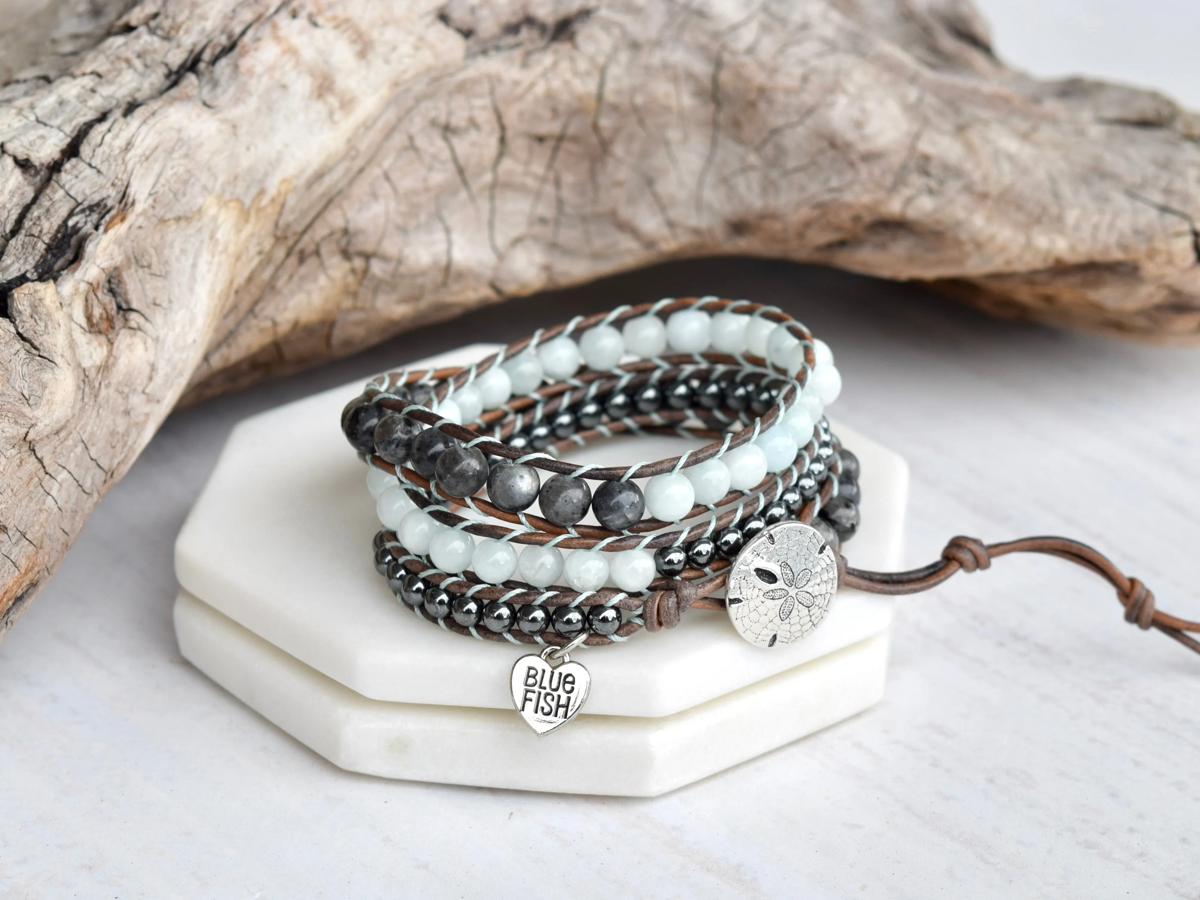 Aquamarine, Hematite, & Larvikite Wrap Bracelet