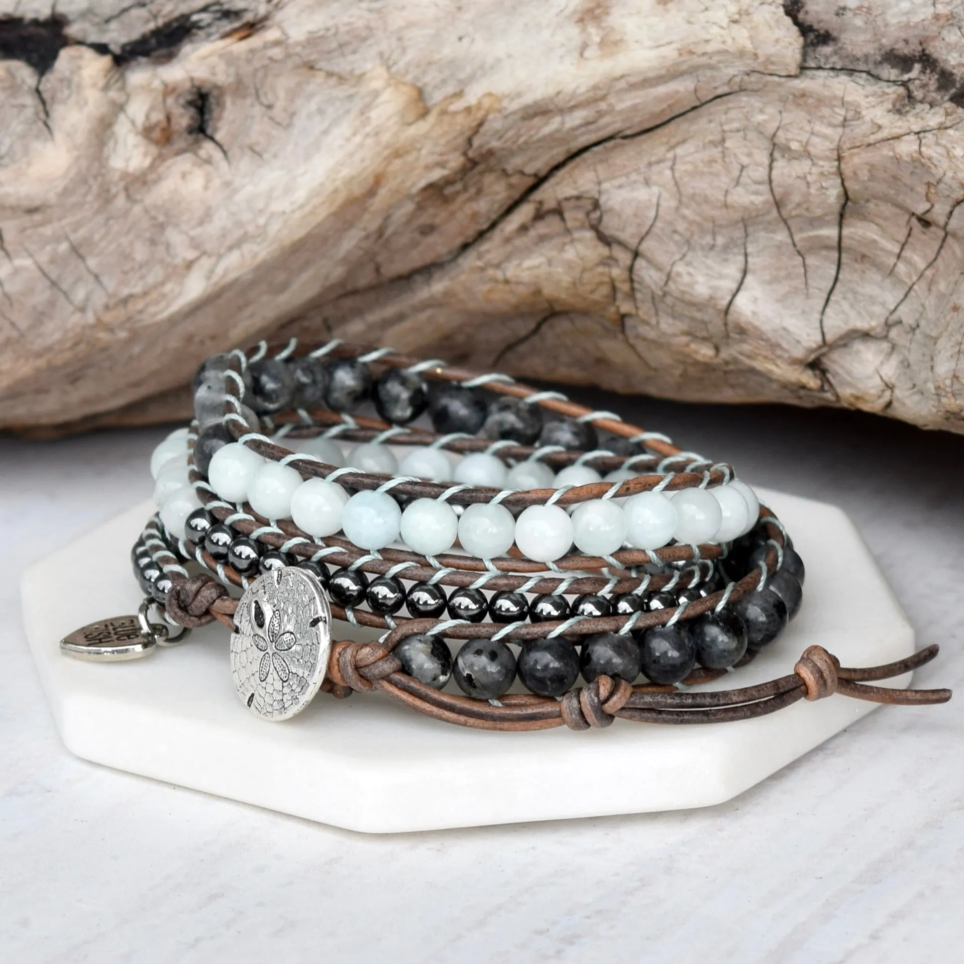 Aquamarine, Hematite, & Larvikite Wrap Bracelet