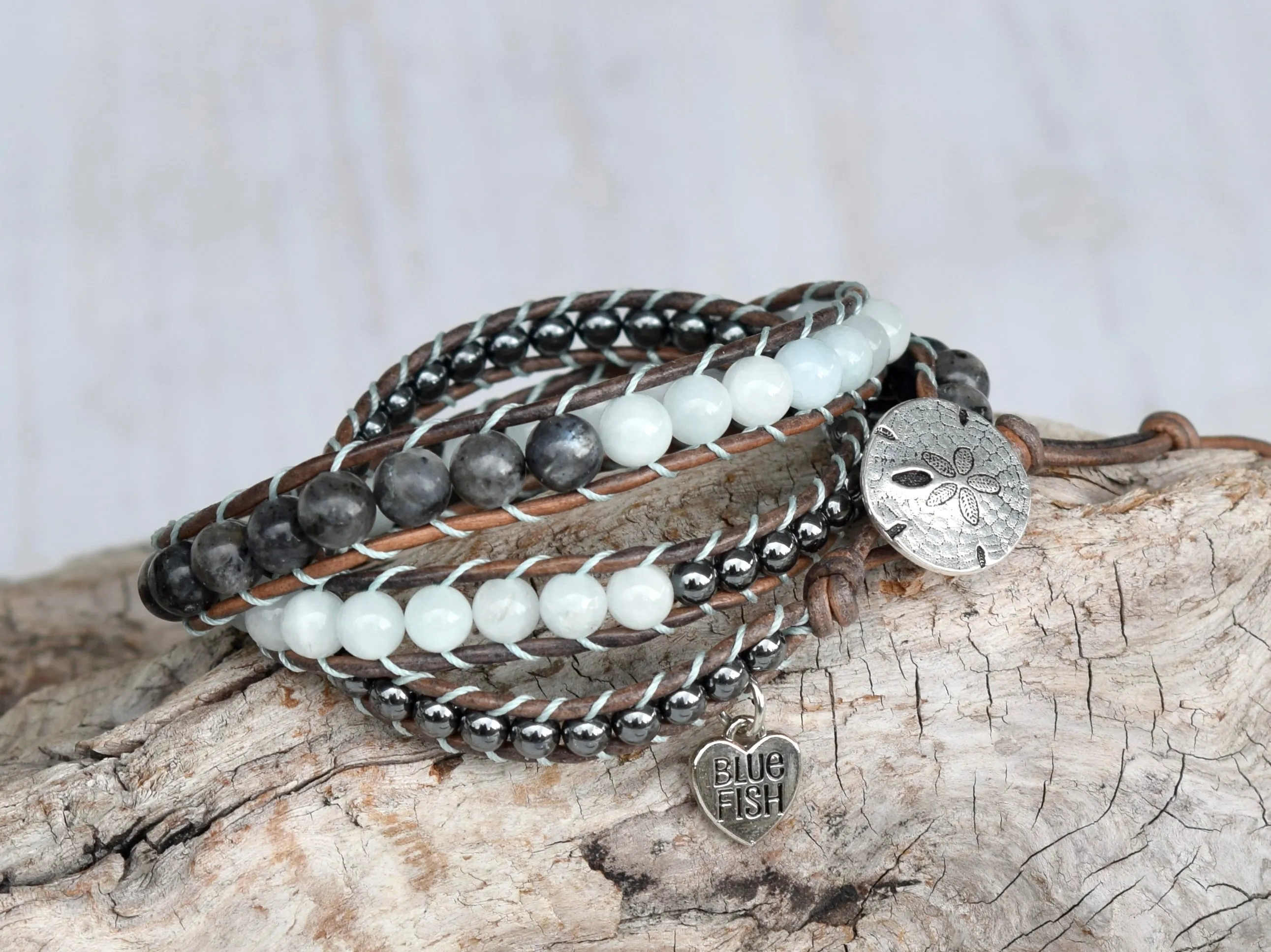 Aquamarine, Hematite, & Larvikite Wrap Bracelet