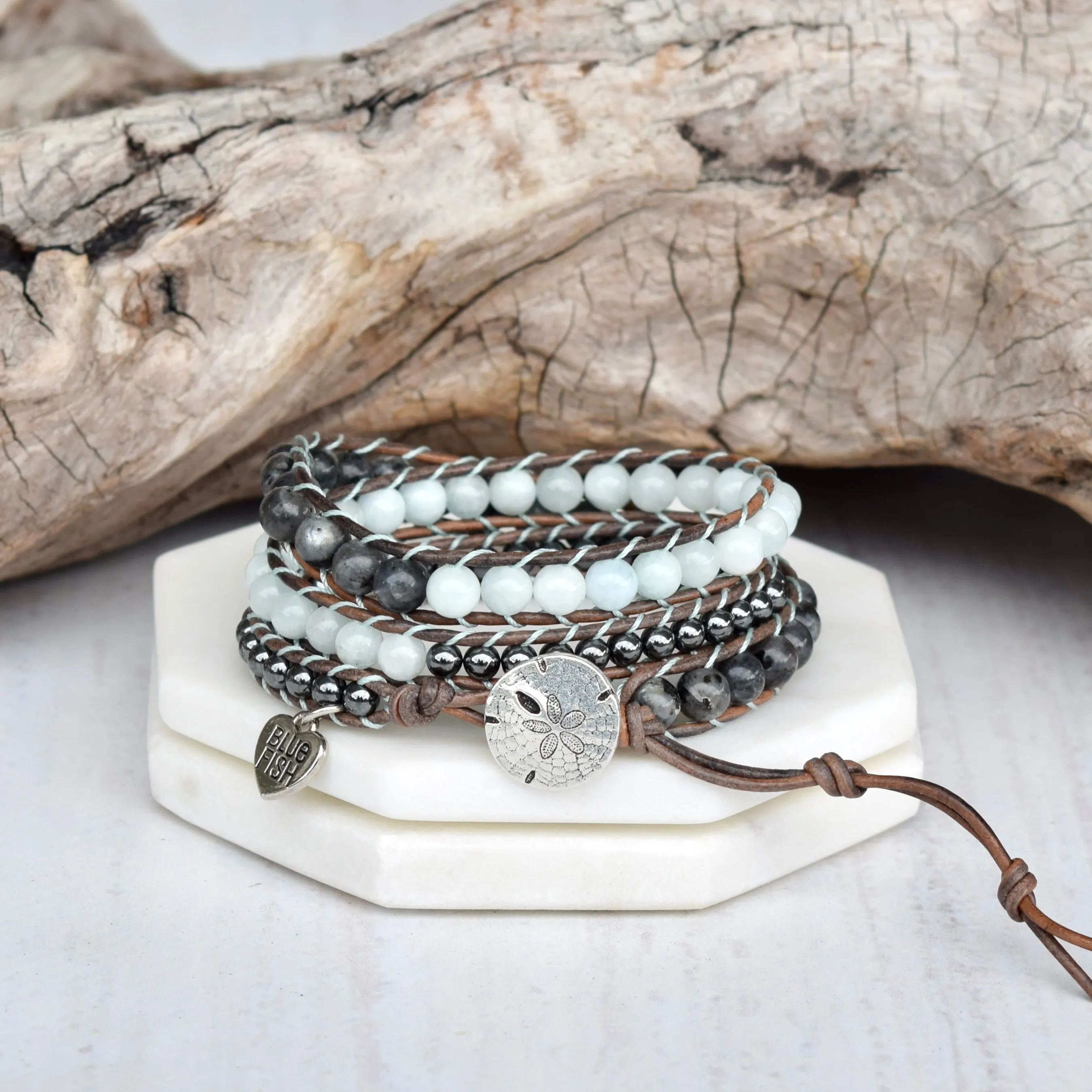 Aquamarine, Hematite, & Larvikite Wrap Bracelet