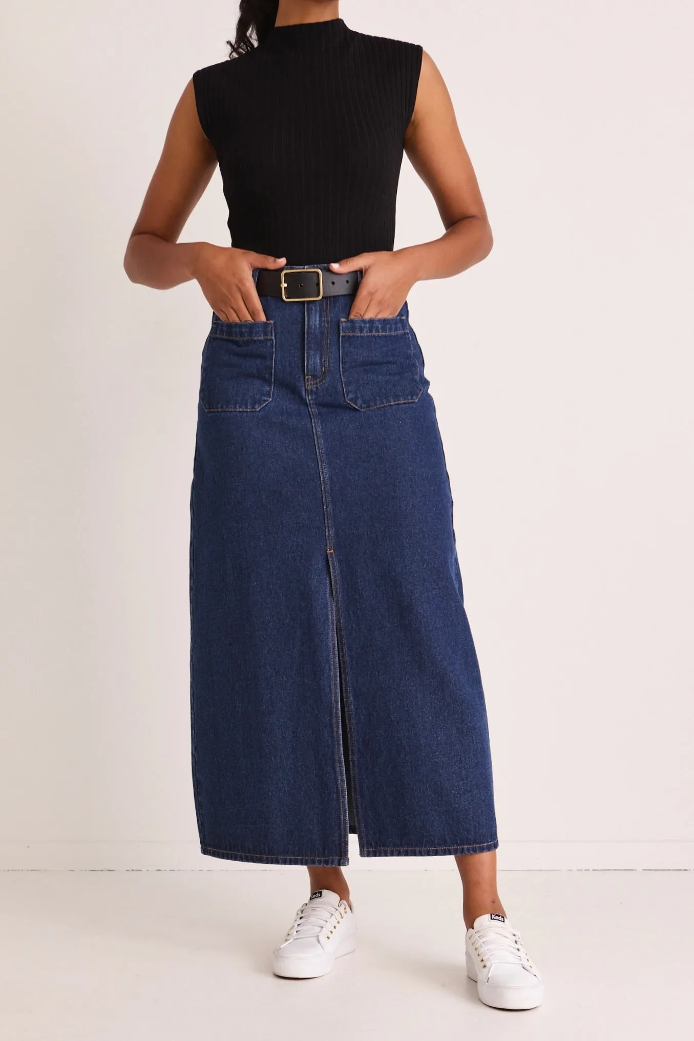Indigo Denim Maxi Skirt with Pocket Front Detail
