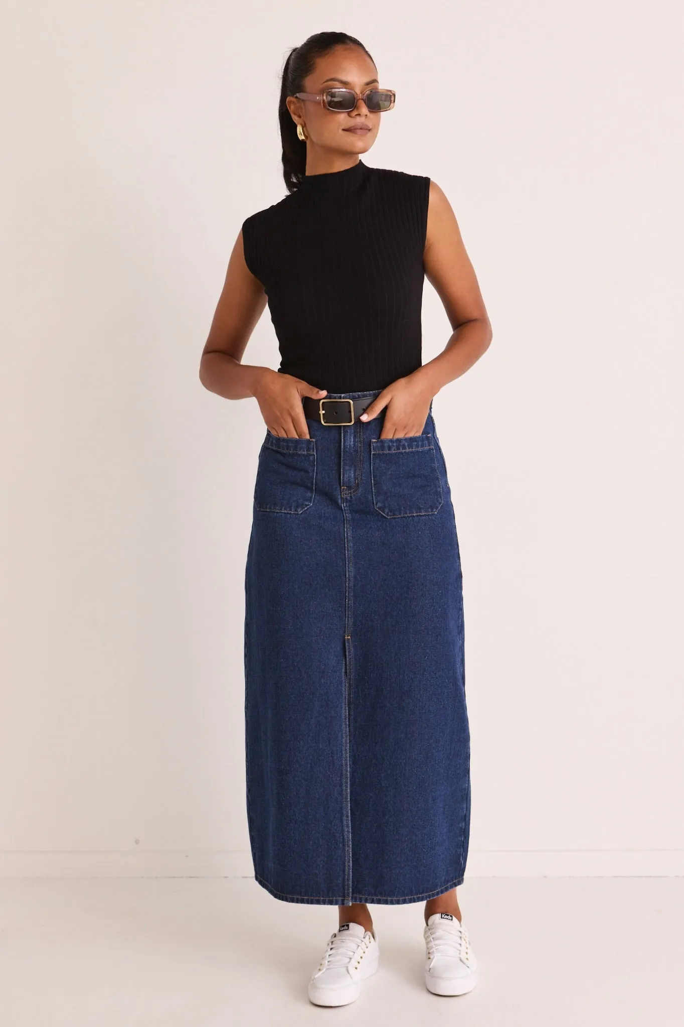 Indigo Denim Maxi Skirt with Pocket Front Detail