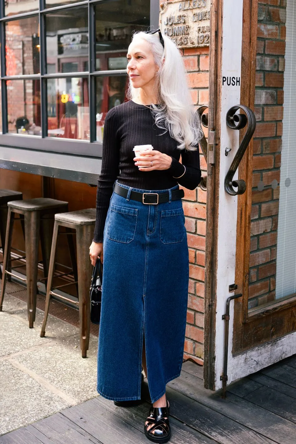 Indigo Denim Maxi Skirt with Pocket Front Detail