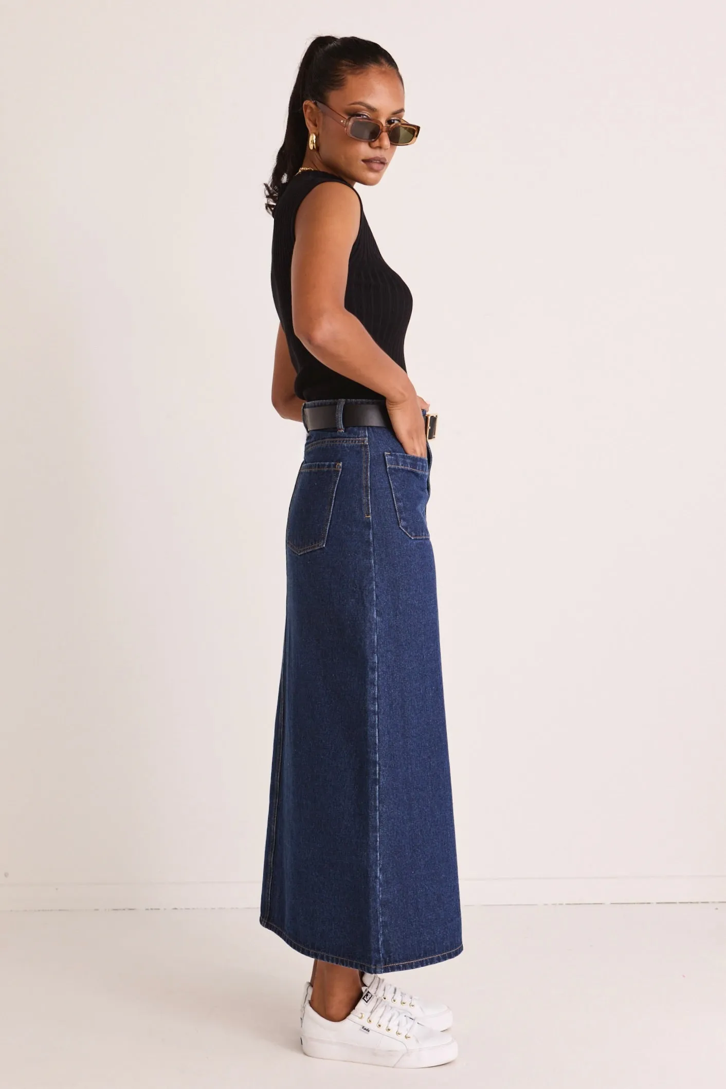 Indigo Denim Maxi Skirt with Pocket Front Detail