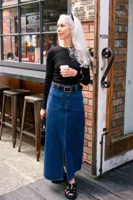 Indigo Denim Maxi Skirt with Pocket Front Detail
