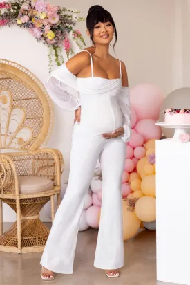 Baby Baby | White Maternity Ruched Bardot Jumpsuit