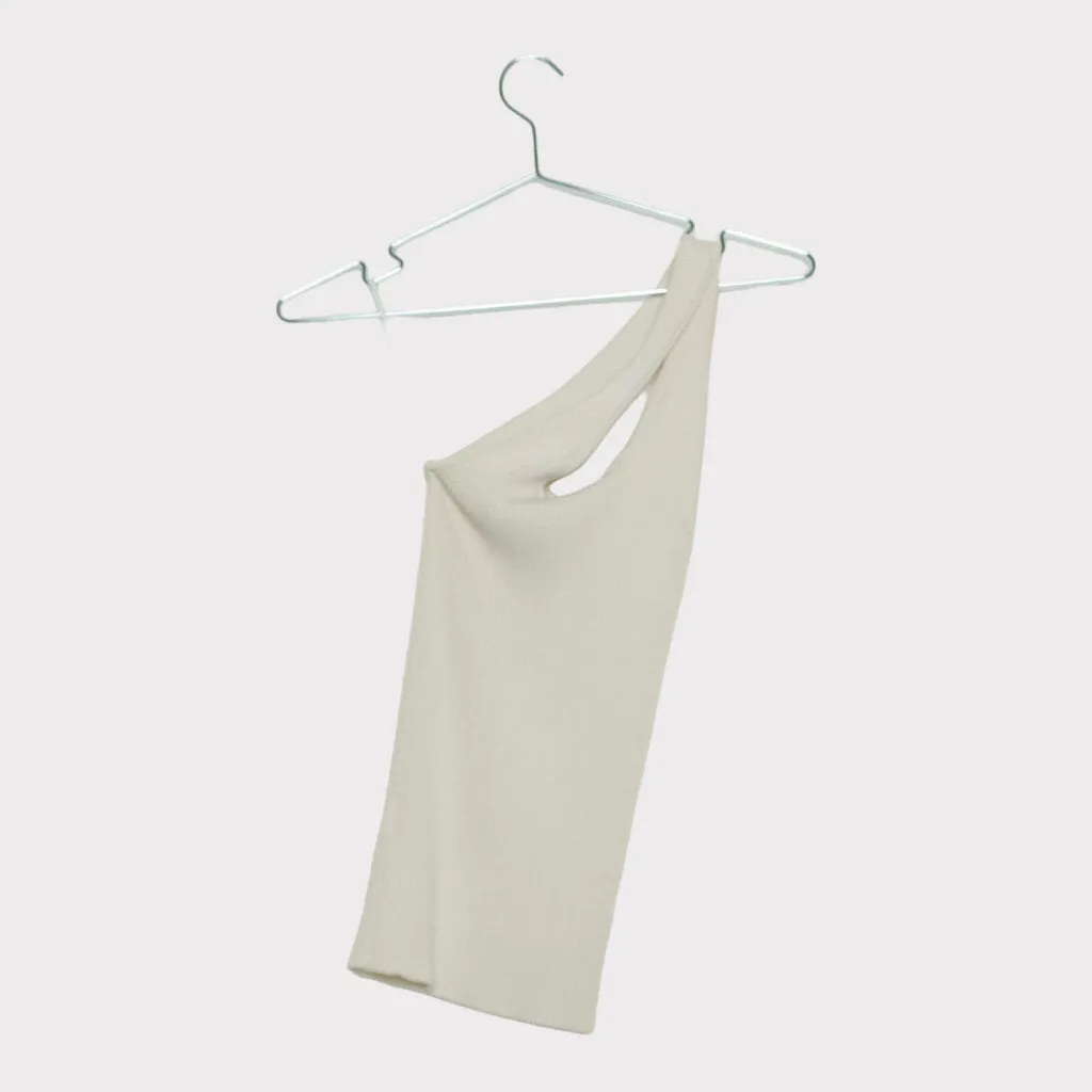 Beige Ribbed Asymmetrical Tank