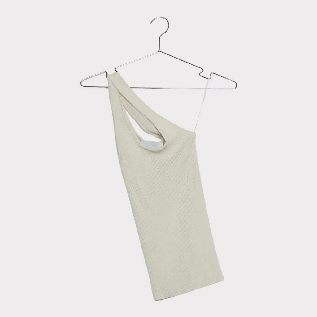 Beige Ribbed Asymmetrical Tank