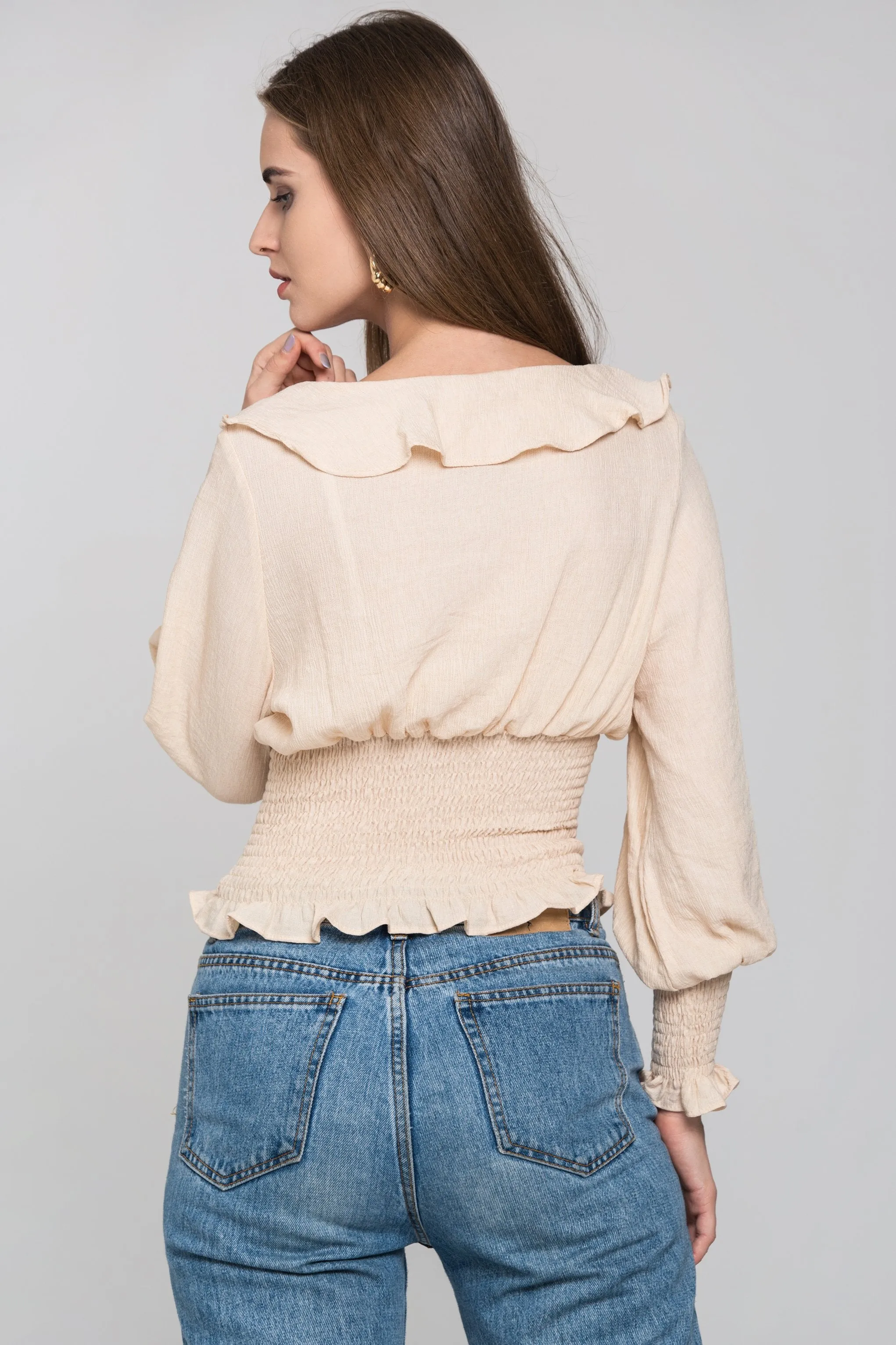 Beige Smocked Waist Ruffle Collar Blouson Top