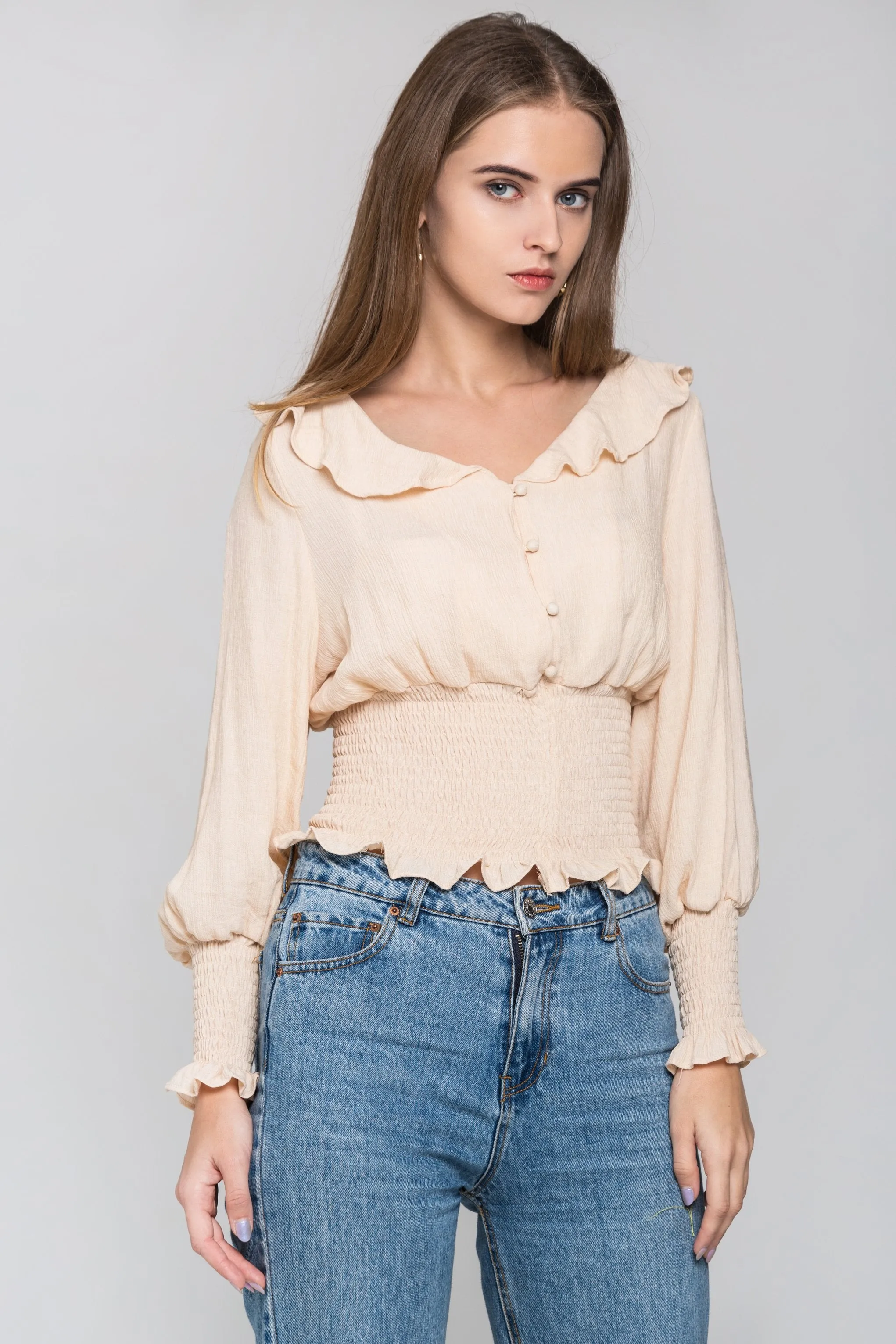Beige Smocked Waist Ruffle Collar Blouson Top