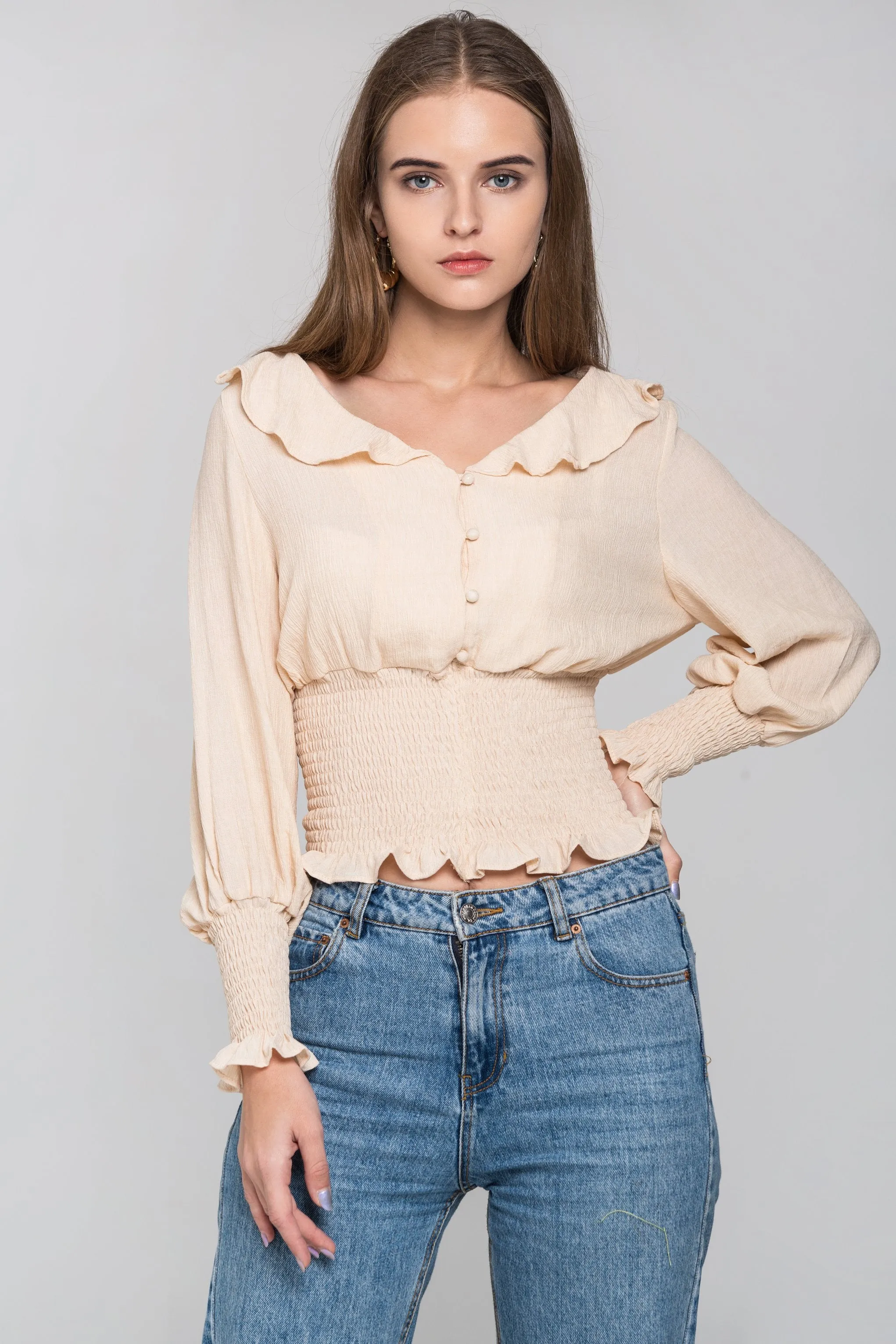 Beige Smocked Waist Ruffle Collar Blouson Top