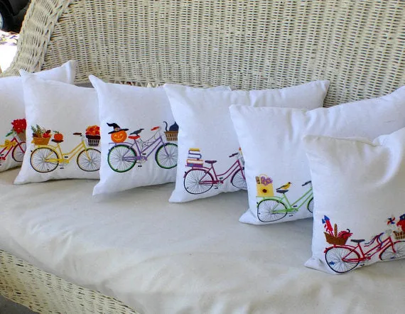 Bike Pillow cover for Fall, Embroidered bicycle pillow, October bike pillow