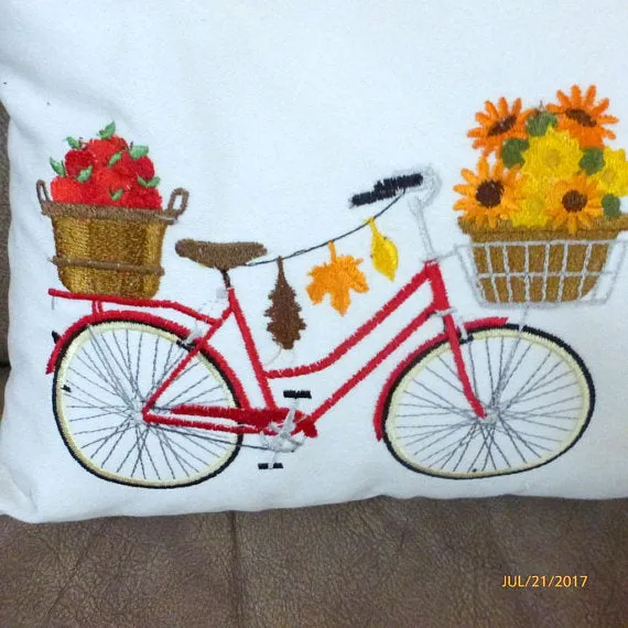 Bike Pillow cover for Fall, Embroidered bicycle pillow, October bike pillow