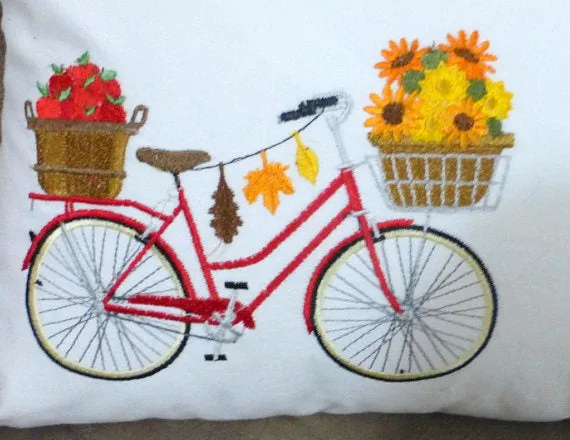 Bike Pillow cover for Fall, Embroidered bicycle pillow, October bike pillow