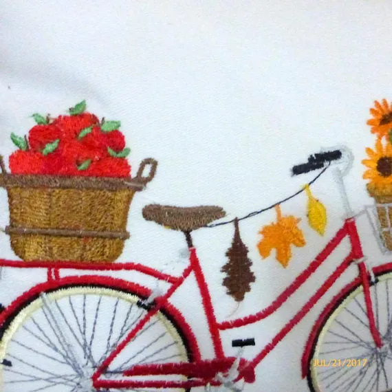 Bike Pillow cover for Fall, Embroidered bicycle pillow, October bike pillow