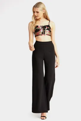 Black Floral Embroidery Tie Up Bustier