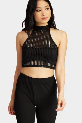 Black Jumbo Fishnet High Neck Sleeveless Crop Top
